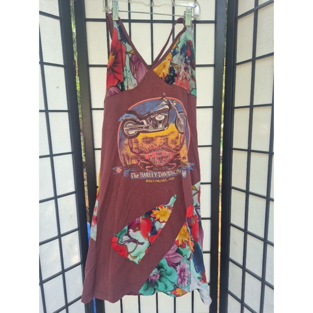 Vinrage Harley-Davidson Motorcycle Graphic Patchwork Dress